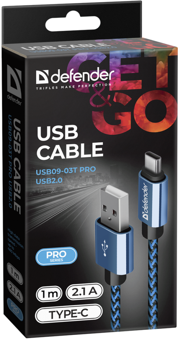 Defender USB09-03T PRO USB2.0 Blue, AM-Type-C, 1m